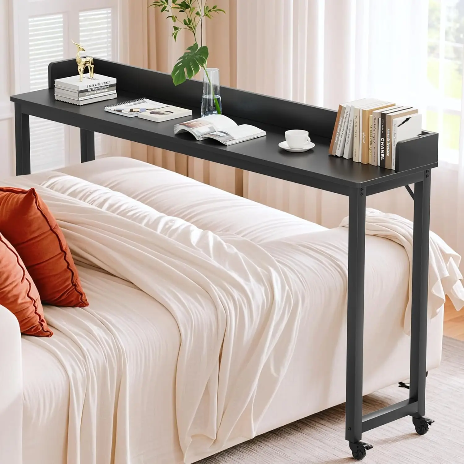 

Overbed Table with 360° Wheels, Queen Size Mobile Bed Desk with Heavy Duty Metal Leg, Sturdy Laptop Cart & Dining, Customized