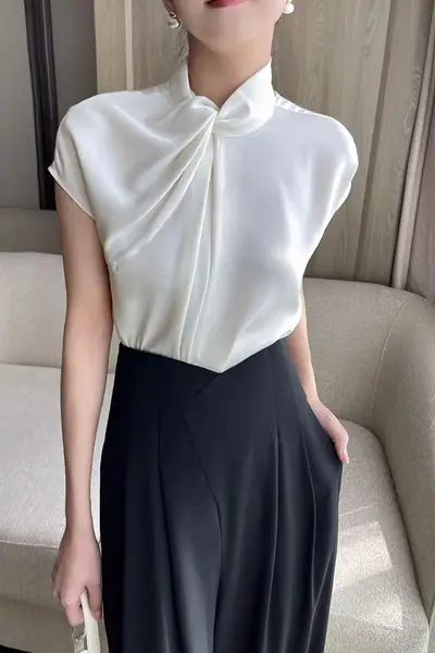 

2023 Summer French Commuter Satin Shirt for Women White Irregular Design Chic Top Slimming & Elegant Office-Ready Blouse Trendy