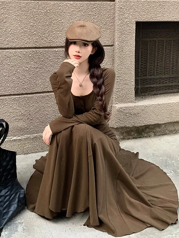 Retro Lange Sve A-lijn Fi Staart Dr Dames Innerlijke Slijtage Afslanken Lange Dr Lente Herfst Hoge Taille Pure Kleur Casual Fit