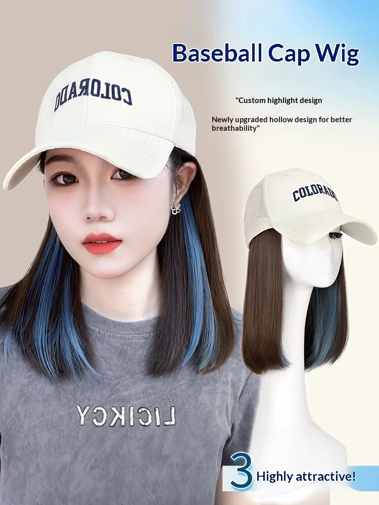 Long Wavy Synthetic Wig Baseball Rice White Cap With Hair Extensions Hat Wigs Natural Black Connect Wig Adjustable For Women