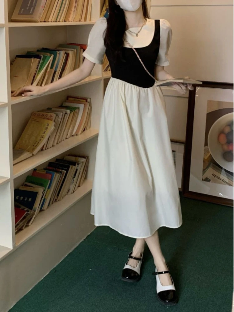 Long Fake 2pcs Dresses Women Puff Sleeve Summer Slim Elegant Soft Fashion Chic Fit French Style Abdomen Leisure Gentle Simple