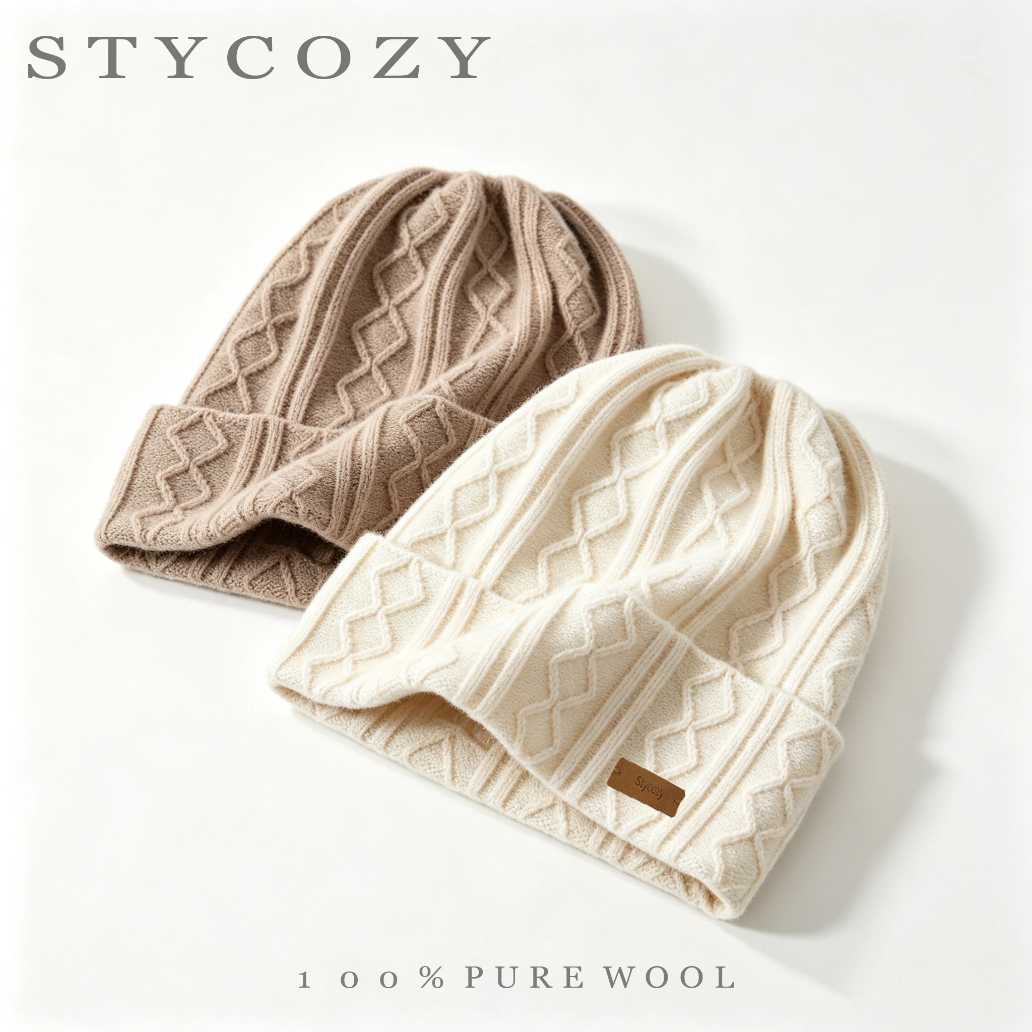 100% Wool Solid Color Knitted Diamond Fold-Over Hat For Women Autumn&Winter Warm Pullover Hat With Cable Knit&Ear Protection