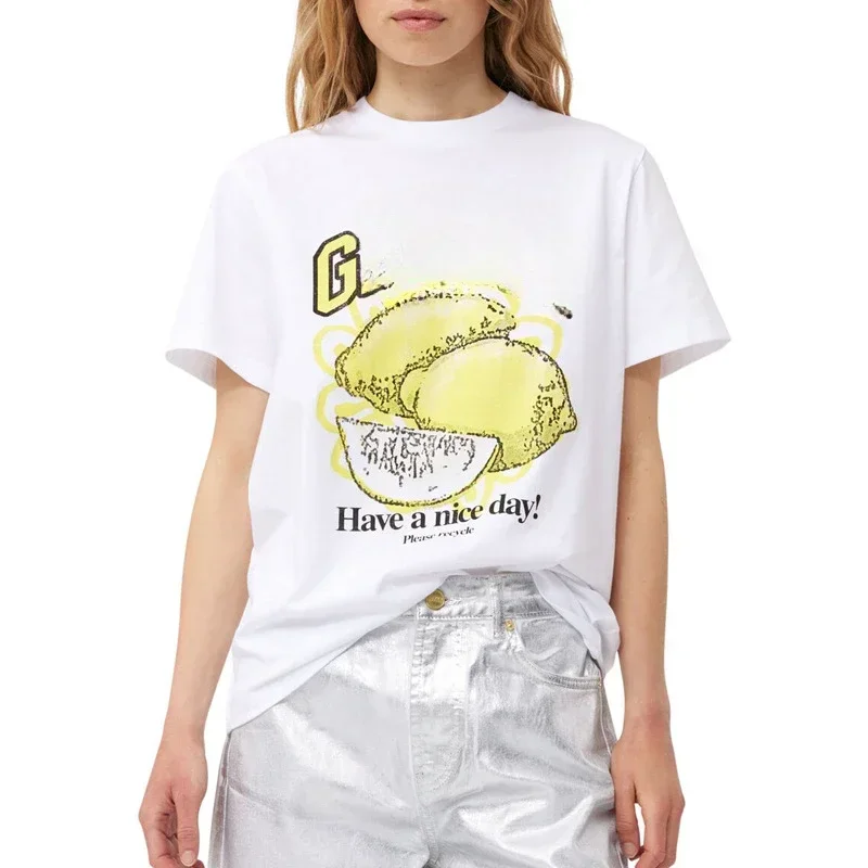 2024 Summer New Arrival Denmark Lemon Logo Casual Printed Round Neck Loose Cotton Short Sleeve T-Shirt