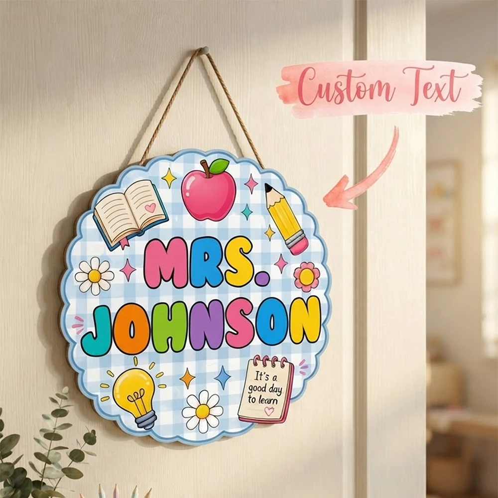 Scalloped Round Customizable Teacher Wooden Plaque, Custom Text Classroom Door Decor, Ideal Teacher's Day Gratitude Present