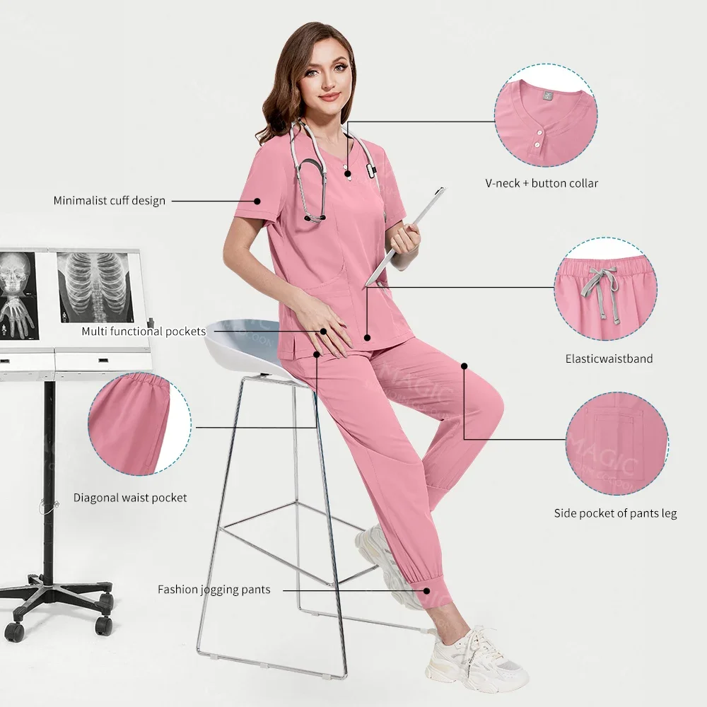 Short Sleeve Jogger Suits Doctor Nursing Uniforms V-neck Tops Pocket Pants Nurse Scrubs Set Multicolour Medical Clinical Clothes