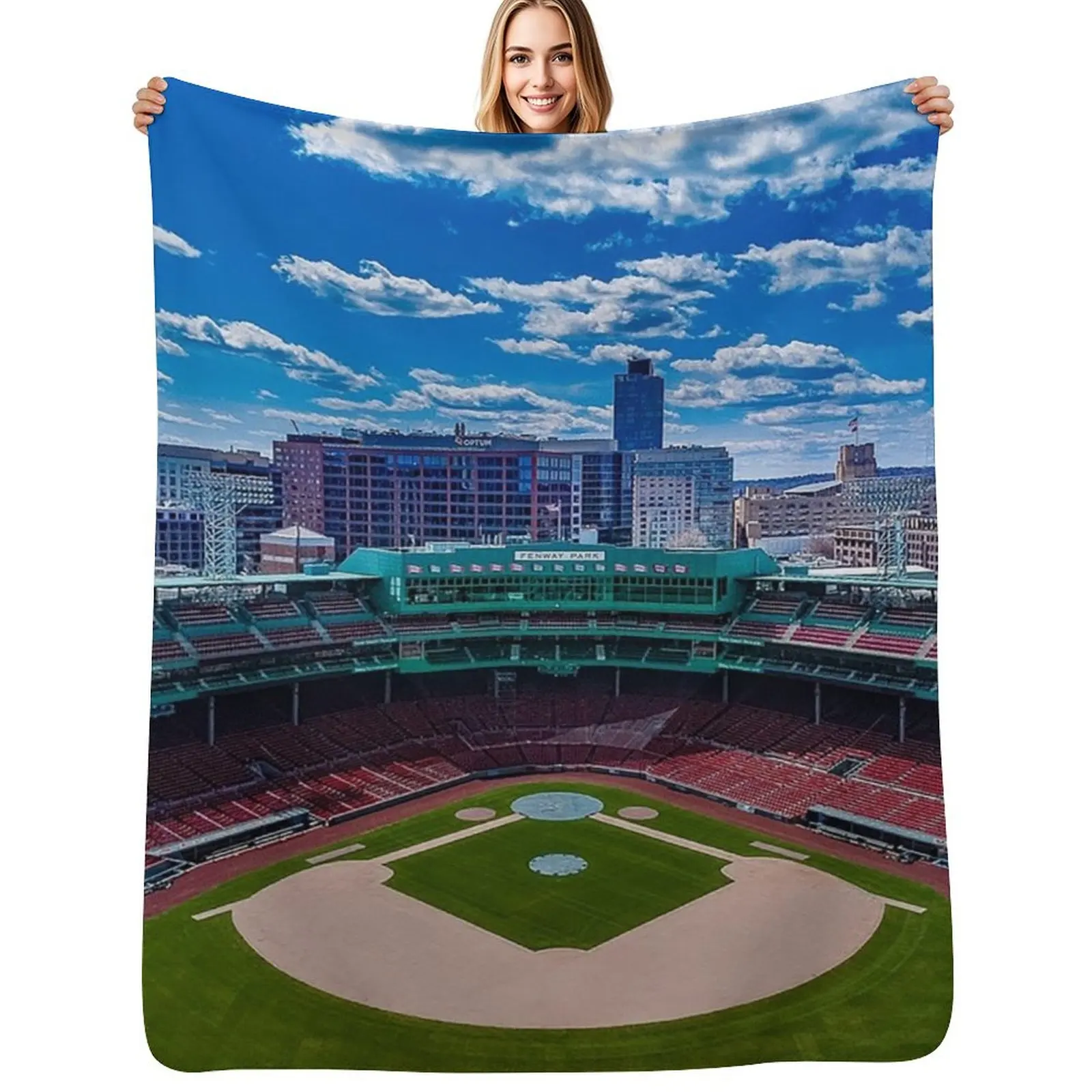 

Fenway, Boston baseball stadium, ball field, outfield view, Boston Skyline, beantown Throw Blanket for winter Blankets