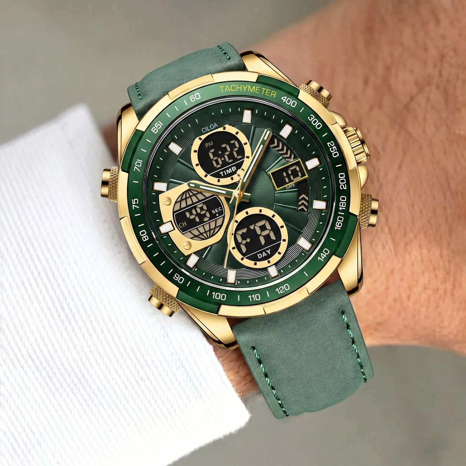 Men Dual Display Digital Analog Watch Green Suede Leather Strap Tachymeter Bezel Waterproof Military Outdoor Multifunctional Sports Quartz Wristwatch for Men