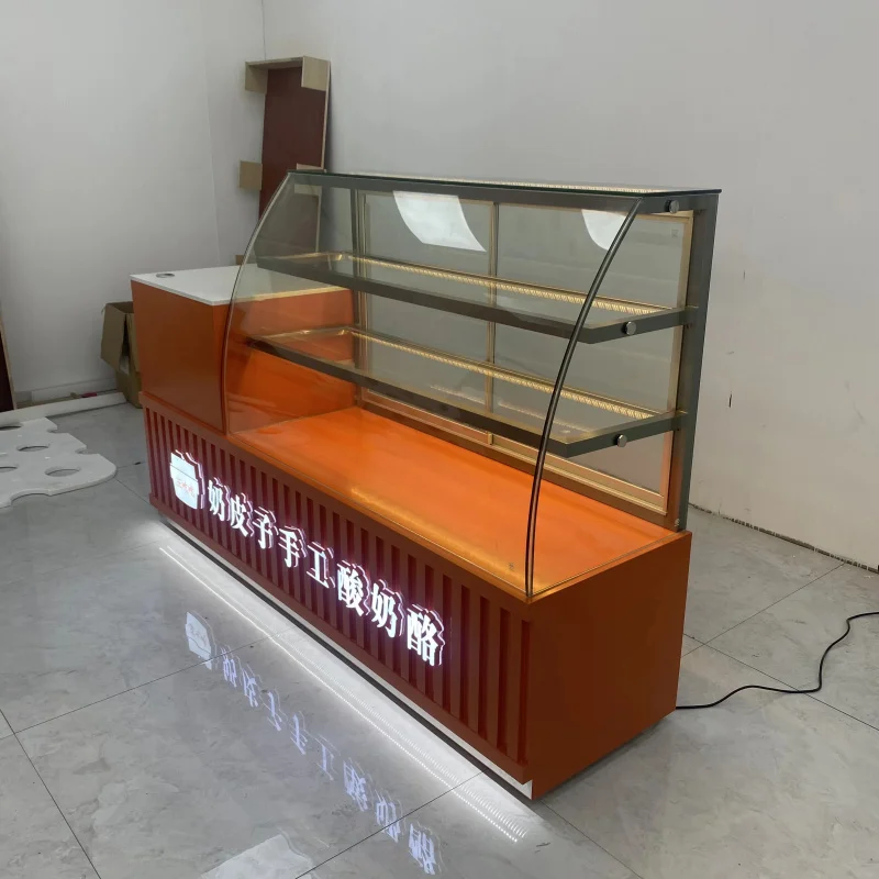 Customize.Orange Metal Dessert Bread Display Cabinet Glass Showcase with Drawer Storage Bakery/Pastry Shop Use