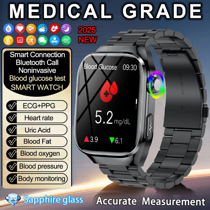 Новые умные часы медицинского класса для измерения уровня глюкозы в крови, мочевой кислоты, жира в крови, ЭКГ + PPG, мониторинг сердечного ритма, артериального давления, здоровья, умные часы