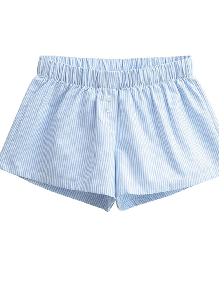 Gestreepte print casual shorts voor dames, elastische taille, mode, knoopbodems, streetwear chique basic Y2K losse shorts