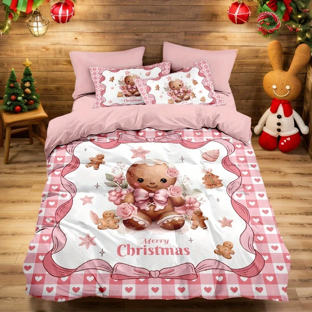 

Комплект одеял из трех предметов на рождественскую тематику, двойной размер, большие девчачьи розовые постельные принадлежности с рисунком сахарного печенья, рождественский элемент с принтом