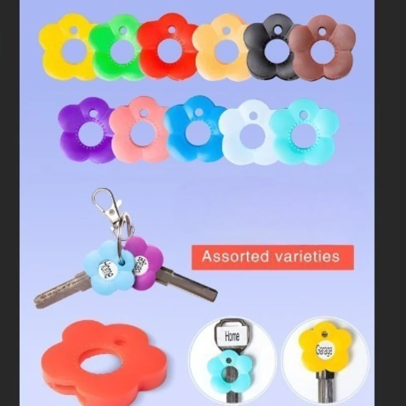 5pcs Silicone Key Caps Protective Cover Flower Shape Key Identifier Shell Keychain Headcase for Home Keys