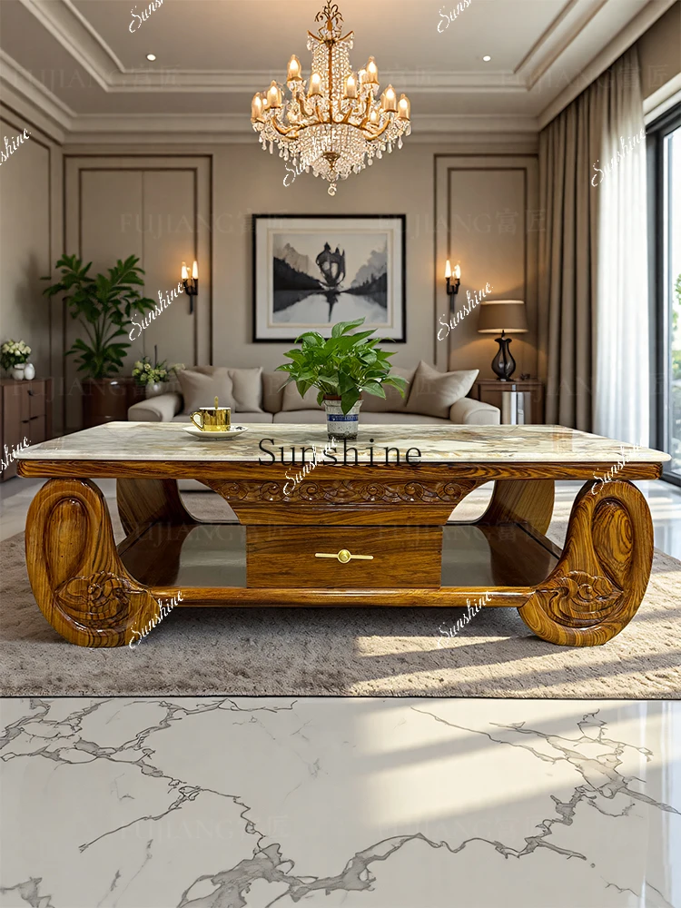 New Chinese ebony living room 1.4 meters pure solid wood carving flower marble countertop tea table  FT