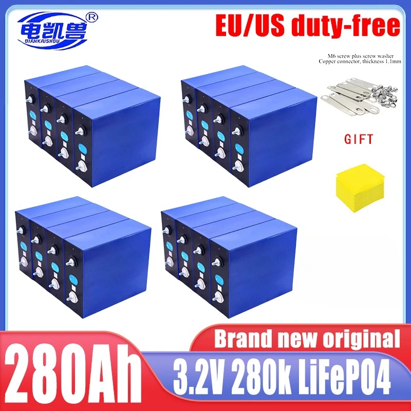 

16 PCS 3.2V 280Ah 280K NEW new LiFePO4 GRADE A Battery Cell 6000+ Cycle Grade A For DIY 12V 24V 48V Lithium Battery Pack NO TAX