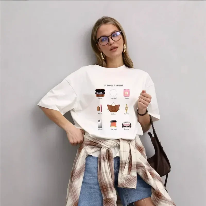PopPopNew Fun Cute Floral Print Retro Short Sleeve INS Style Women's T-shirt Cotton Crew Neck Summer Fashion Quality Clothing