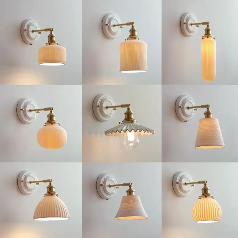 

New Japanese Nordic Pleated Ceramic Base Solid Copper Wall Light for Bedroom Living Room Accent Wall Vacation Rental Led Lamp