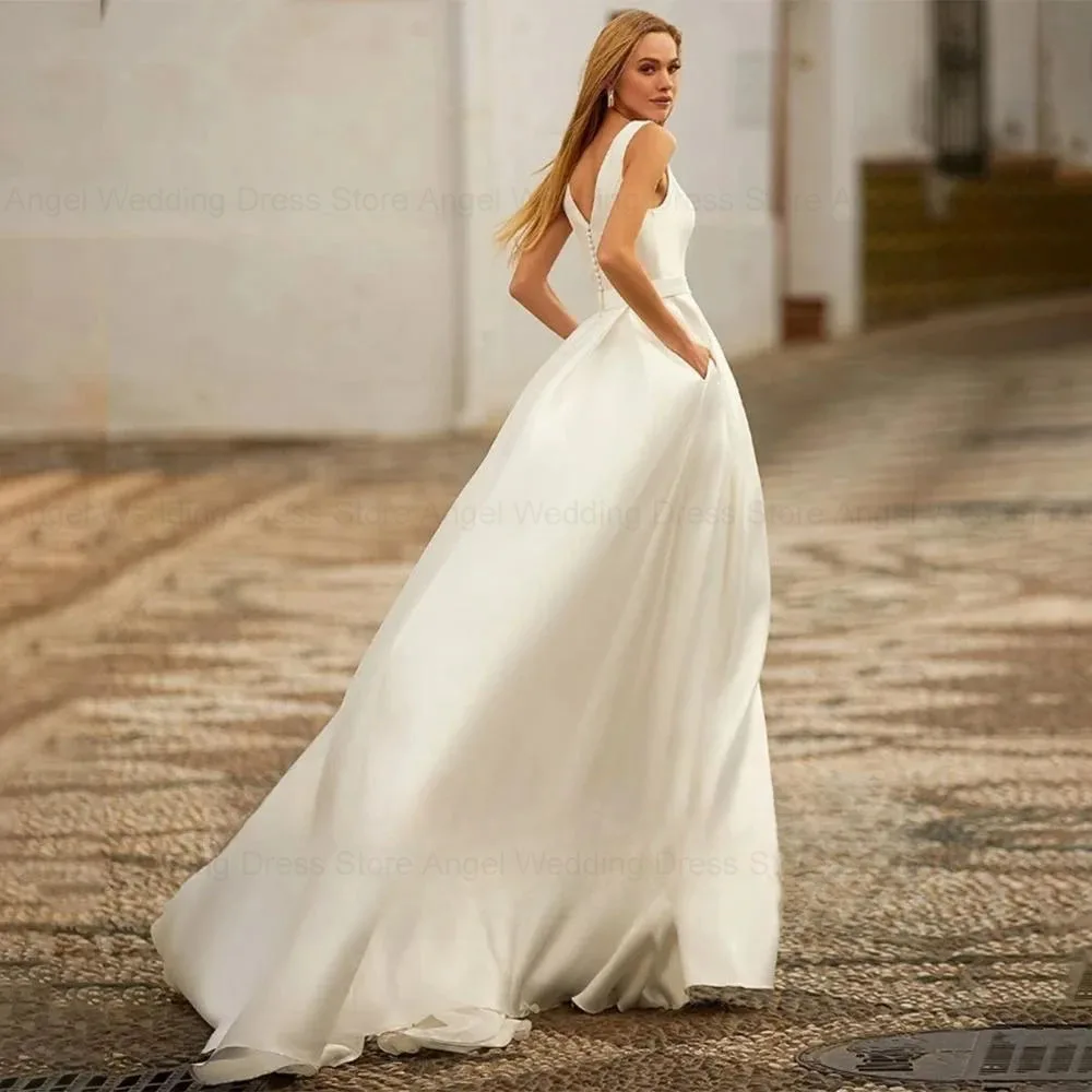 ANGEL 2025 Satin A-Line Wedding Dress Customized Romantic Simple V-Neck Spaghetti Straps Button Bride Party Insertable Pocket