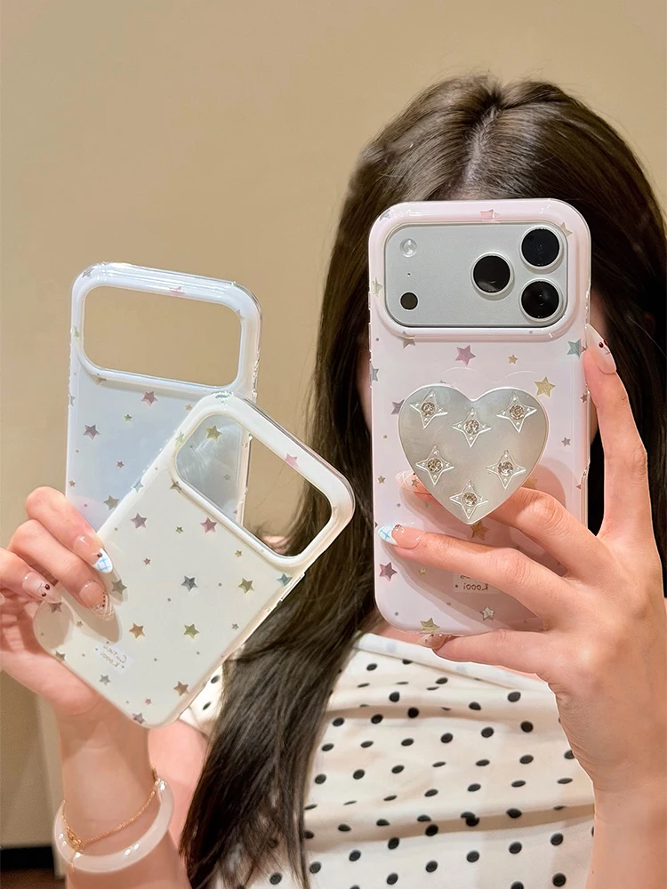 Coque de téléphone étoilée pleine écran style coréen Ins pour iPhone 17 16 15 14 13 Pro Max avec support étoile scintillante