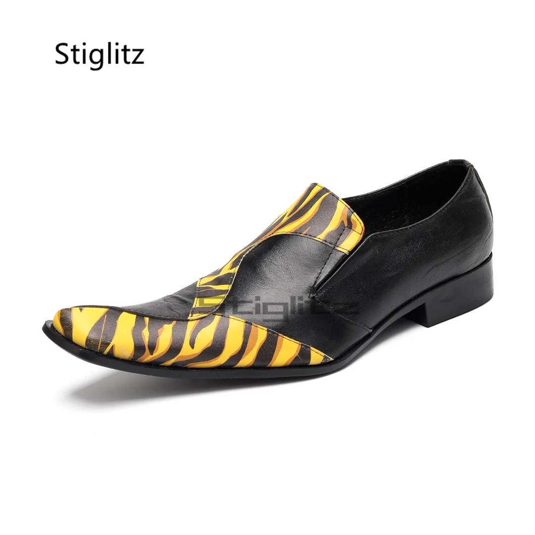 Yellow Black Striped Leather Shoes for Men Genuine Leather Patchwork Slip On Loafers Casual Business Wedding Formal Shoes
