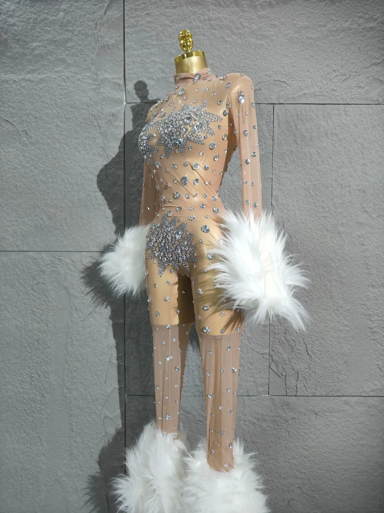 Sexy maglia di diamanti lucidi vedere attraverso tuta aderente da donna sexy manica lunga performance cantante costume discoteca vestito di scena