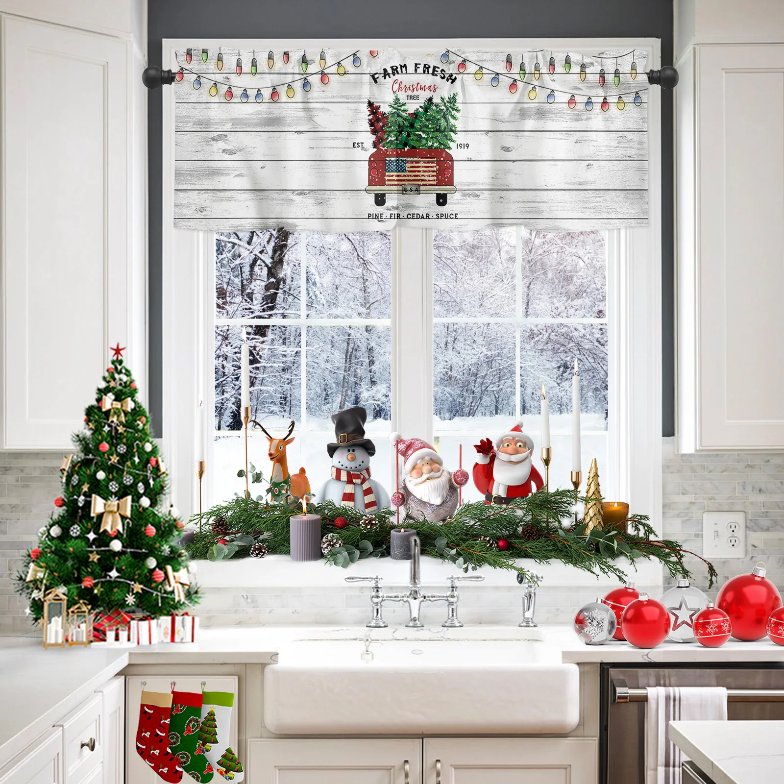 

Windows Kitchen Living Room Small Window Valance Farm Fresh Christmas Tree Old Car Red and Black Buffalo Check Plaid 1 Panel