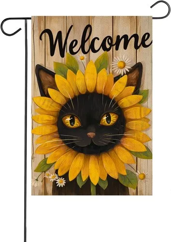 Banderola de Jardín con Diseño de Gato Negro y Girasoles, Primavera/Verano, 12x18 Pulgadas XXQ