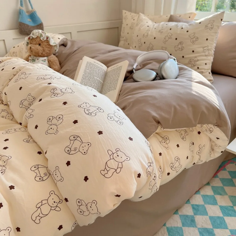 Pure Cotton 4 Piece Bed Set Fitted Sheet Duvet Cover Pillowcases Dorm