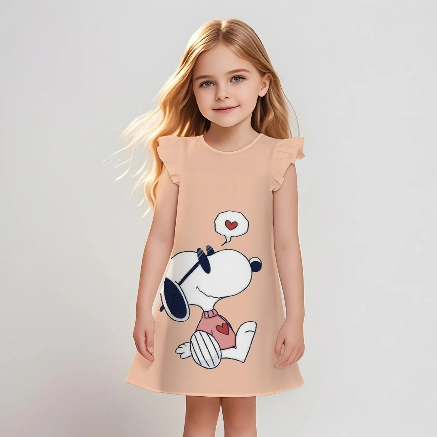 

2025 Print Summer Dress Kids Girl Clothes Dessert Short Sleeve Casual Fashion Flying Sleeve Dress Snoopys Kawaii