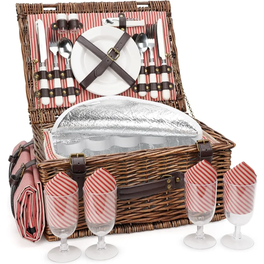 

Picnic Basket Set for 4 Persons with Cooler and Waterproof Picnic Blanket, Classical Wicker Picnic Baskets