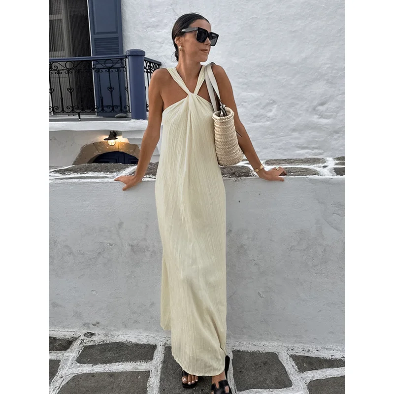 FB-Beige بلا أكمام الرسن الرقبة شاطئ عارضة Dress2025Summer أزياء جديدة بالجملة فستان طويل للنساء
