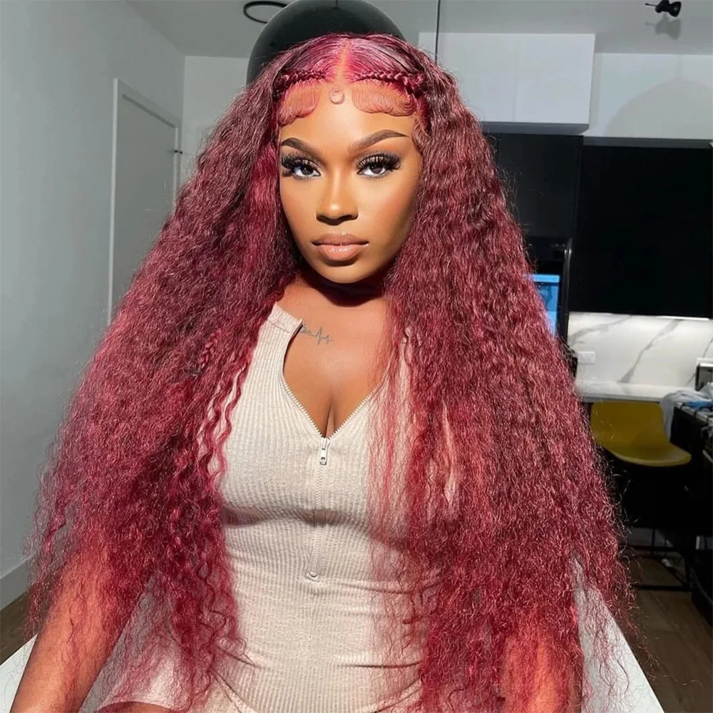 

200% Density 13x4 Red Curly Water Deep Wave Lace Frontal Wigs Human Hair 99J Burgundy Brazilian 13x6 HD Lace Front Wig For Women 36 46 Inch
