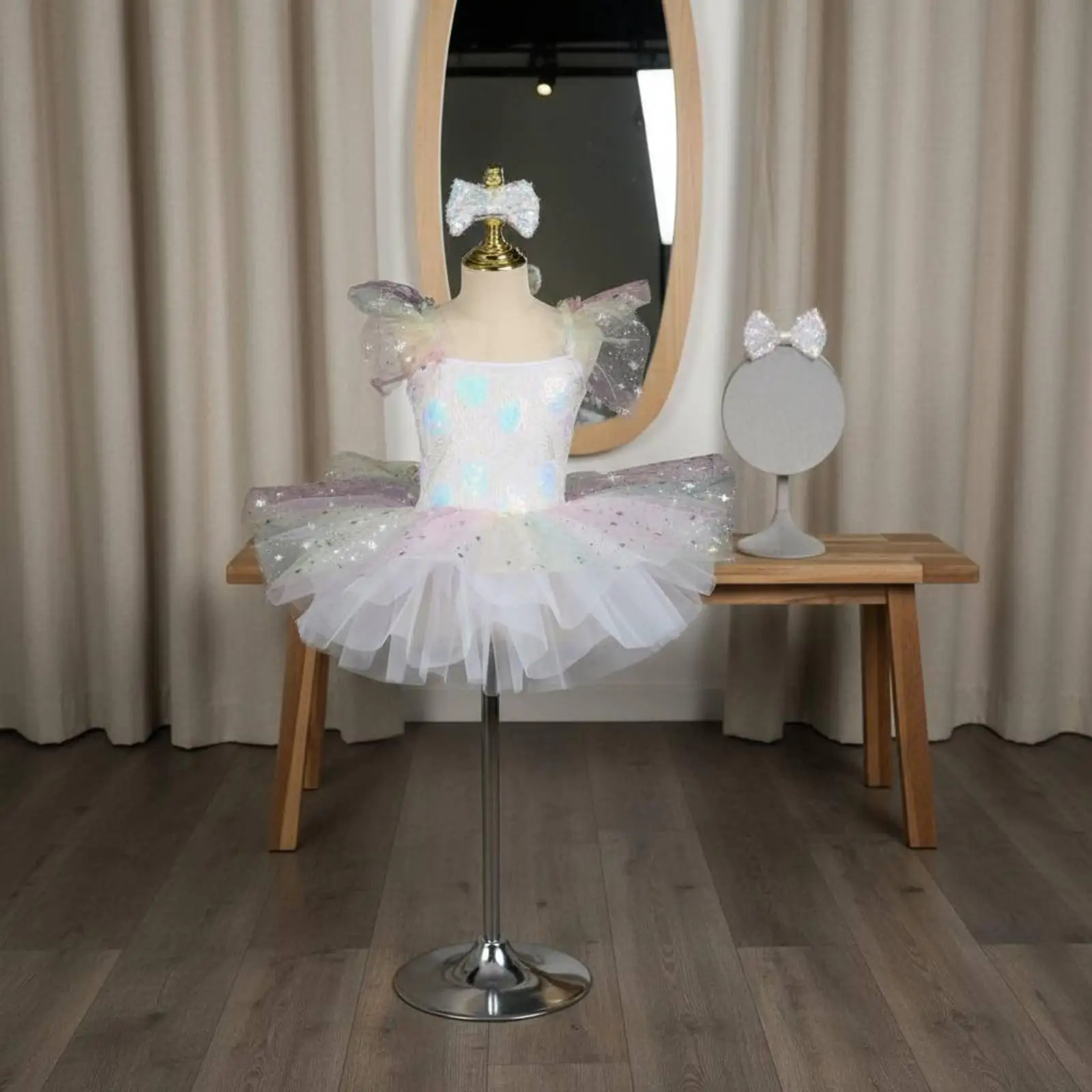 Girls Sequin Tutu Dress Sequins Ballet Skirt Dress Ruffle Sleeves Rainbow Tulle Princess Costume for Dancers, Performance,