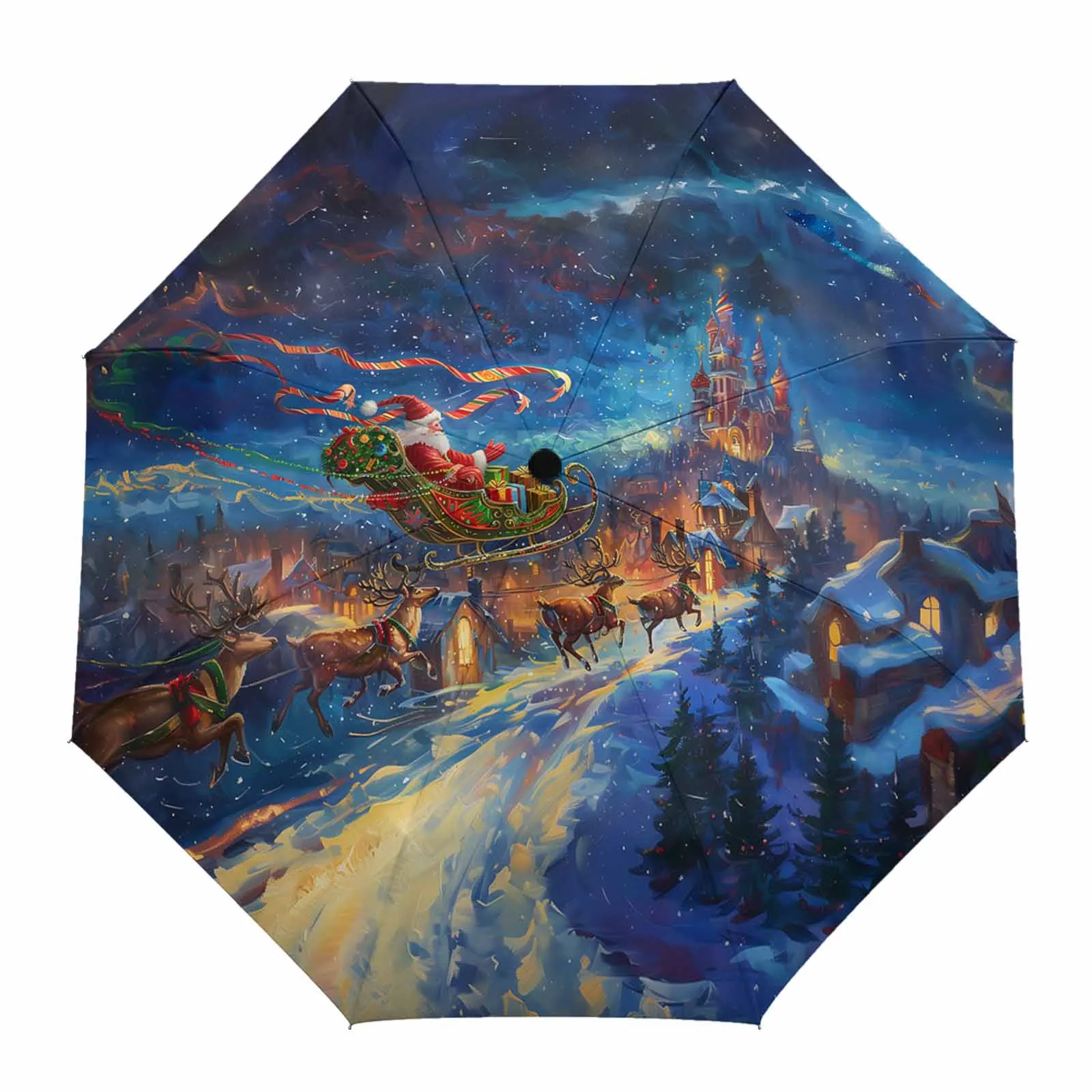 Christmas Night Scene Santa Claus Sled Reindeer Outdoor Printed Rain Umbrella for Women Fully-automatic Foldable Sun Umbrella