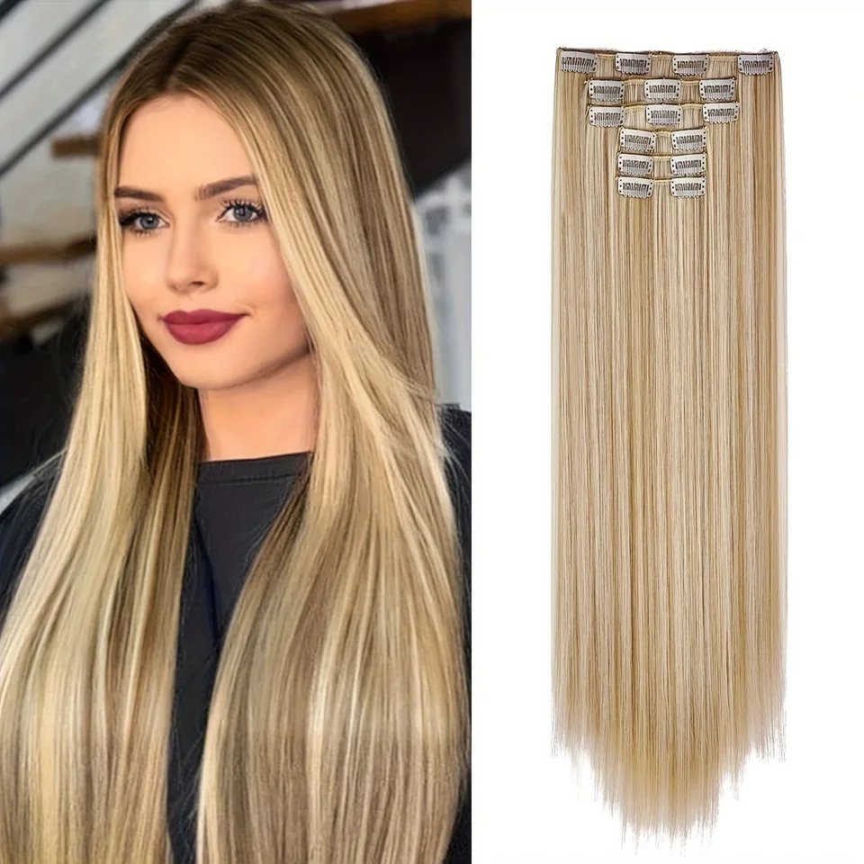 Extensiones de Cabello con Clip Gruesas Largas con Weft de Encaje Ligero Sintéticas para Mujer Café con Leche 3