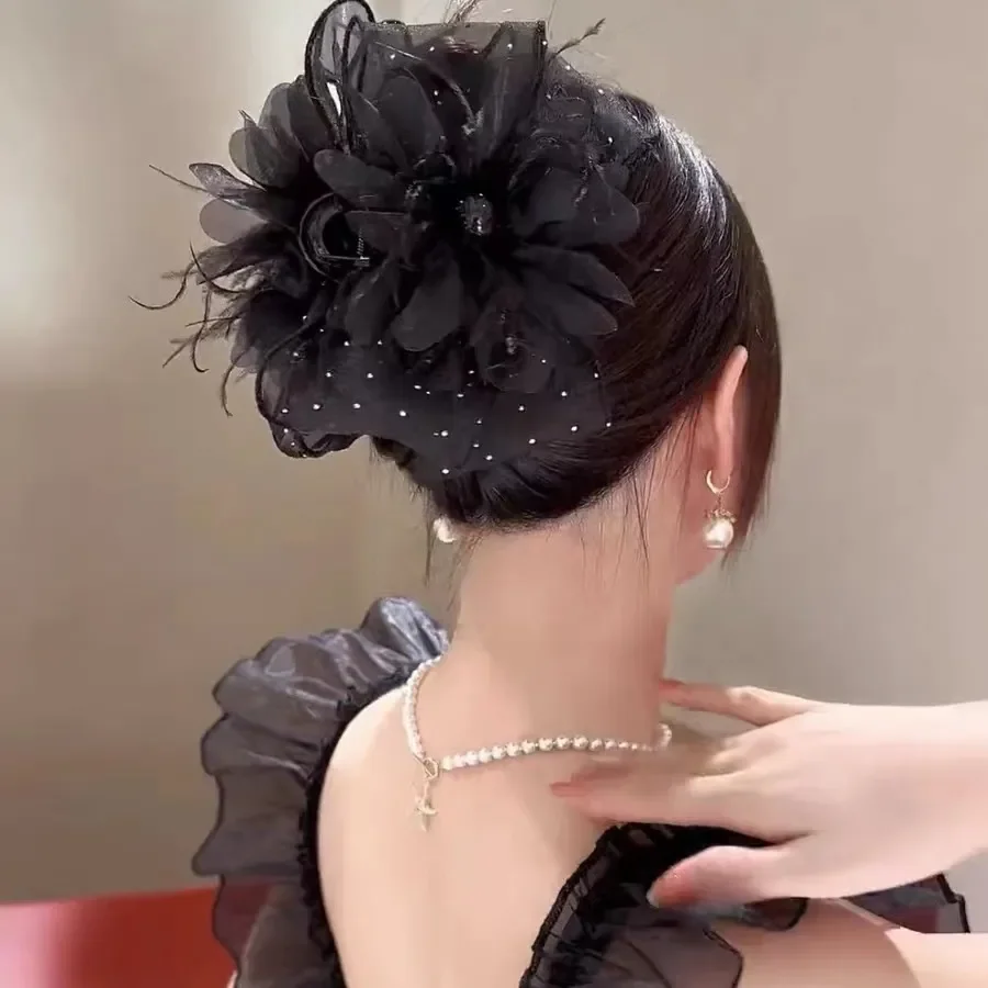 

Korean Style Women Lady Black Hair Claws Mesh Feather Flower Patch Handmade Hair Clip New Headwear Female Hair Accessories
