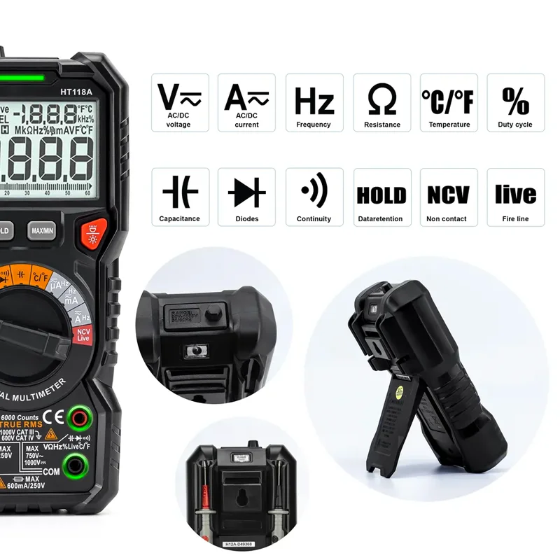 KAIWEETS HT118A Digitális multimeter ture RMS automat Jelentőség multimetro 1000V 10A Váltóáram Egyenáram Ohm hz NCV Egyenes adás feszültség Hőfok Időmértékes verselés