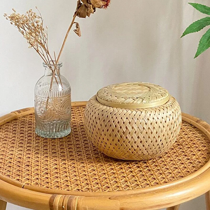 Bamboo Storage Basket With Lid Double Layer Handmade Woven Tea Basket Tabletop Storage Box for Tea Fruit Dried Fruit Snack Food