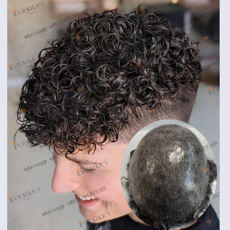 

Natural Hairline Human Hair 15mm Curly Hairpieces System Capillary Male Wigs Super Durable Full Injection PU Base Men Toupee