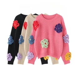 Vintage 3D Flowers Knitted Sweater Women Autumn Winter Long Sleeve Oversized Pullover Female Korean Casual Loose Outerwear U1093