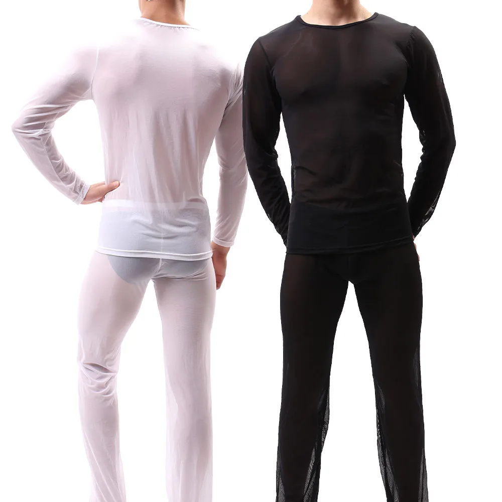 

3 Sets Men Long Sleeve Loungewear Set Pajama Top And Pants Sheer Mesh Design Lightweight Breathable Soft Comfortable Nightwear