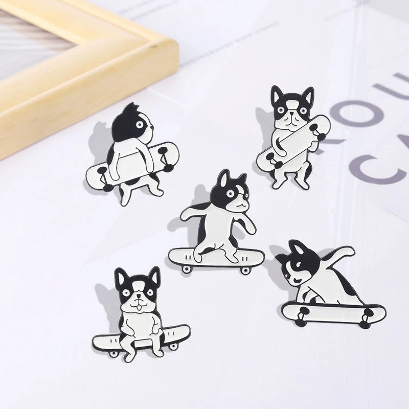 White Spotted Dog Pin Lapel Badge Bag Cartoon Jewelry Gift for Kid Friend Skateboard Motion Dogs Enamel Brooch Custom Black And