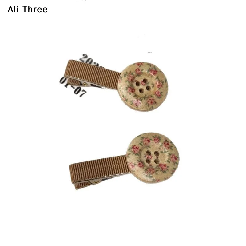 2Pcs Vintage Button Hair Clips For Women Wooden Floral Barrettes Polka Dot Ribbon Details Hair Accessories Jewelry