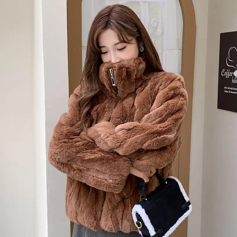 Women New Real Rex Rabbit Fur Coat Short Zipper Natural Fur Jacket Female Autumn Winter Fashion Luxury Stand Collar Outerwear
