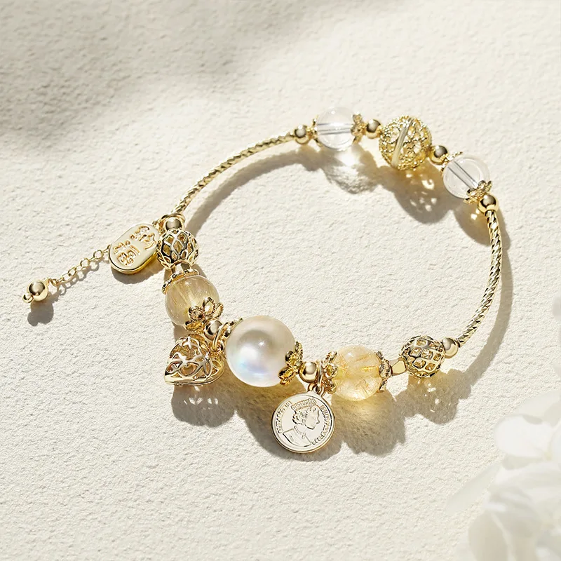 Natural Moonstone Yellow Crystal White Crystal Bracelet Clear Romantic Heart Mix and Match Women's High-end Hand String Jewelry