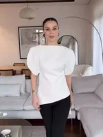 HH Women Vintage Black Short Puff Sleeve Shirts O Neck Asymmetrical Hem Blouse 2026 Spring Trend High Street Lady Chic Tops - Image 3