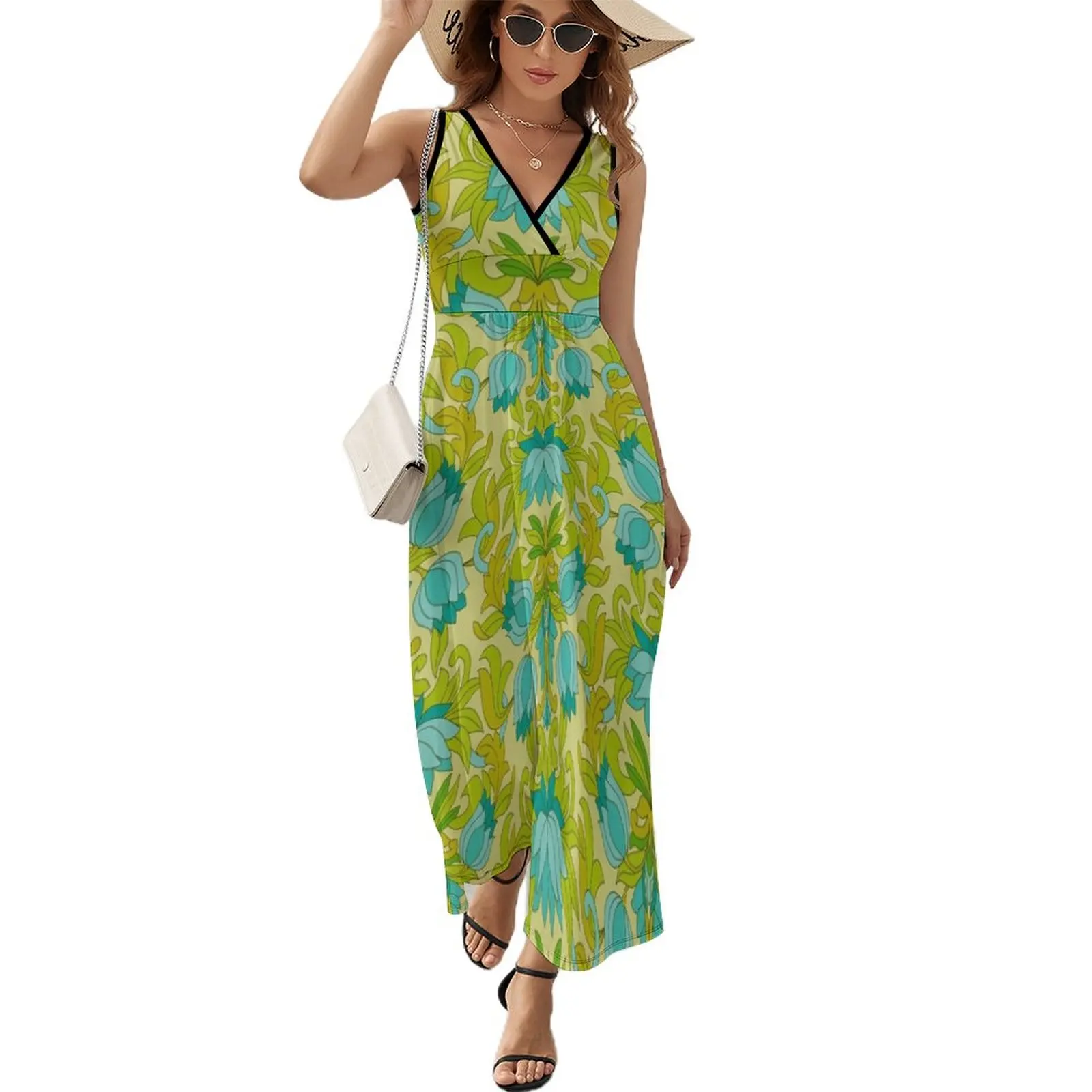 

Turquoise and Green Leaves 1960s Retro Vintage Pattern Sleeveless Dress Women's long dress dress for women summer