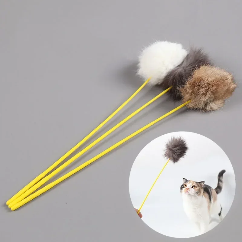 

Random Color Tease Cat Stick Faux Rabbit Fur Pompom Plush Pet Interactive Stick Cat Playing Training Toys Pet Supplies