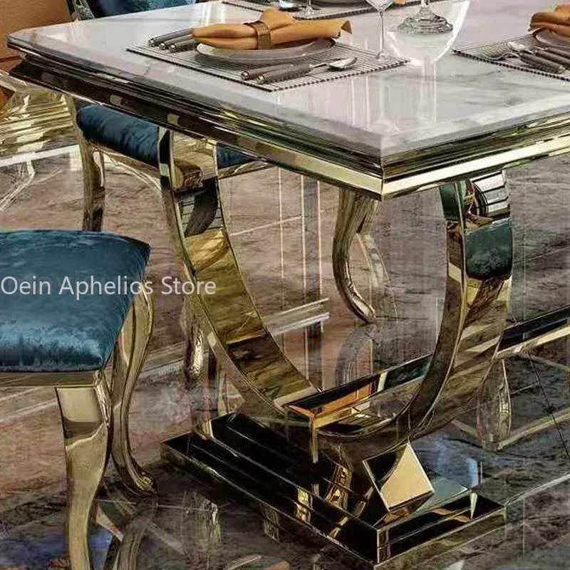 Golden Luxury Kitchen Table Marble Modern Rectangle Stable Design Plated Stainless Steel Frame Dining Table Chairs Furniture