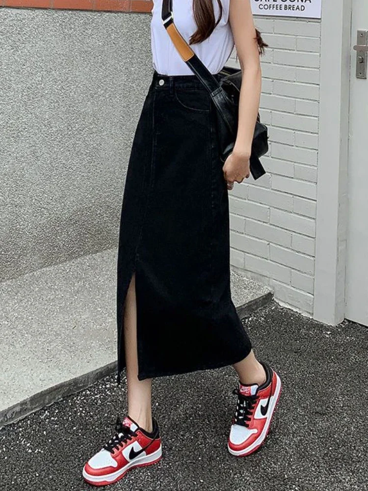 Skirts Women Harajuku Casual Hotsweet Slit Summer New Denim Korean Style Empire Simple Prevalent Vintage Elegant A-line Literary