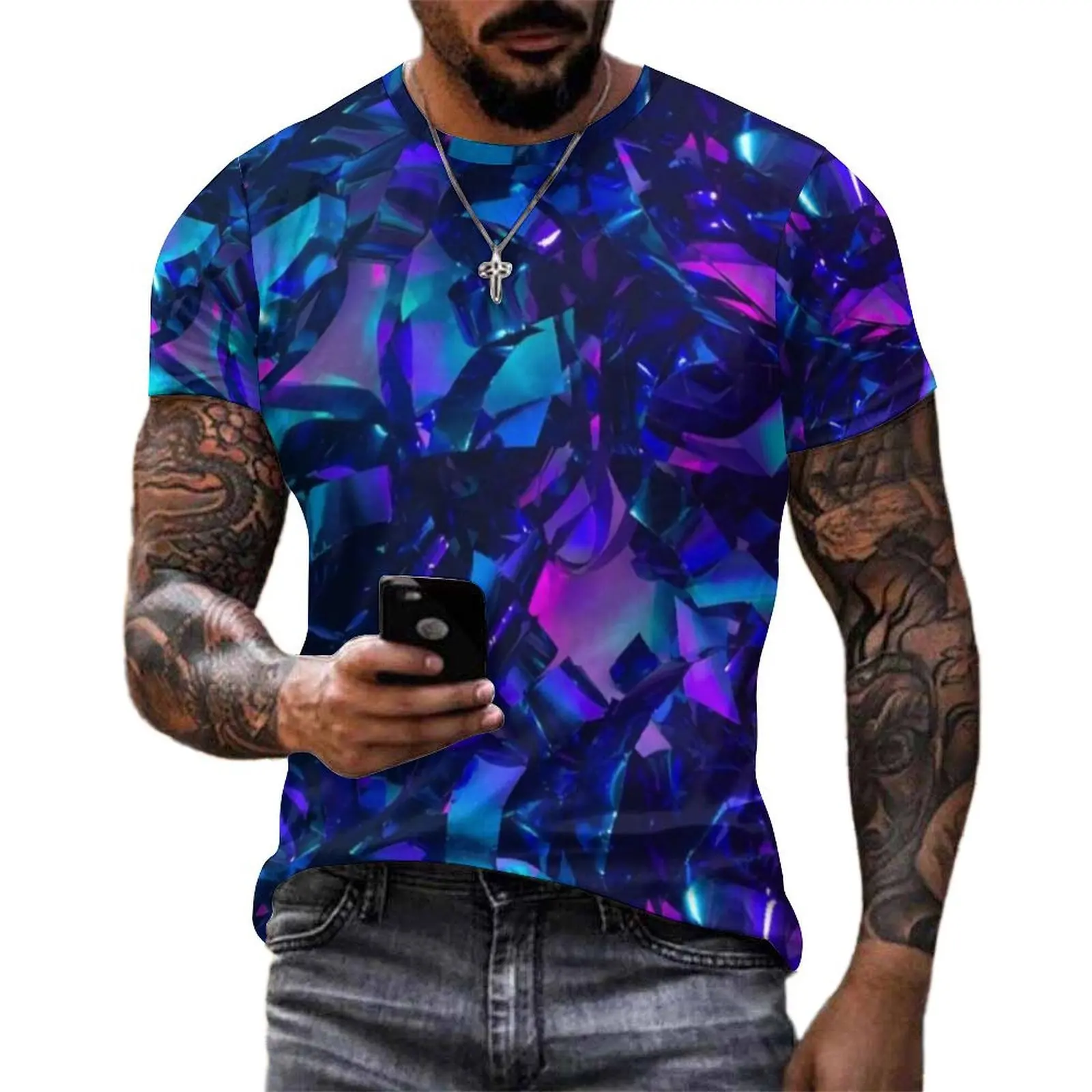Man Metallic Abstract Pattern T Shirt Colorful Modern Art Trending T-Shirts Short Sleeves Graphic Tshirt Y2K Fun Plus Size Tees